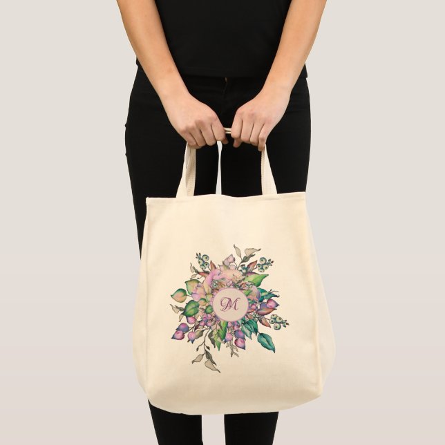 Elegant blomstermönster i pastell vattenfärg monog tygkasse (Framsida (produkt))
