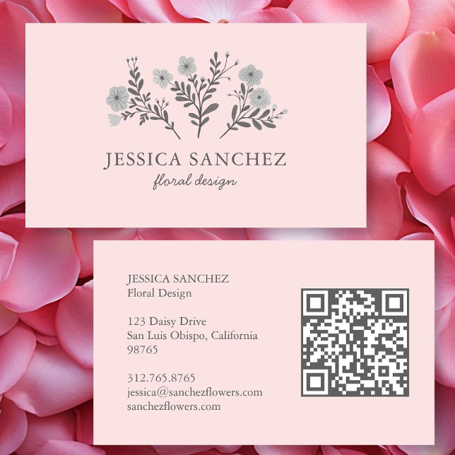 Elegant blomstermönster Modern minimalistisk QR-ko Visitkort (Dainty Florals Elegant Chic Modern Minimal QR Code Florist Business Card
)
