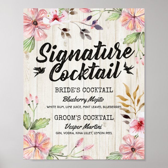Elegant blomstermönstrad bröllopssignaturdrinkmeny poster (Framsidan)