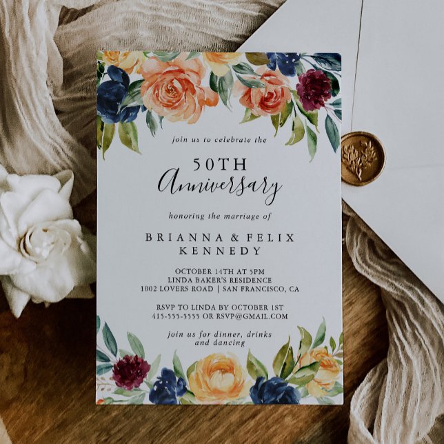 Elegant blomstermotiv 50-års bröllopsjubileum inbjudningar (Skapare uppladdad)