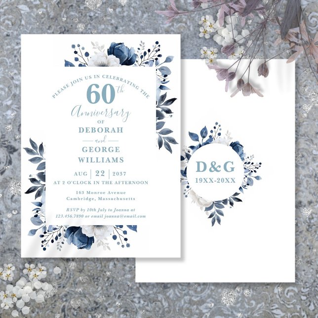Elegant blomstermotiv 60-års diamant bröllopsjubil inbjudningar (Elegant Floral 60th Diamond Wedding Anniversary Invitation)