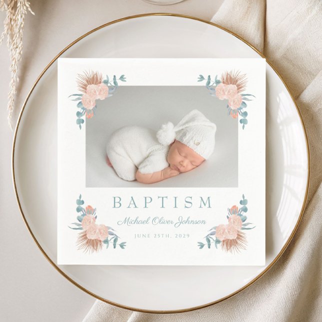 Elegant blomsterpojke dop fotot  pappersservett (Elegant Floral Boy Baptism Photo Napkins)