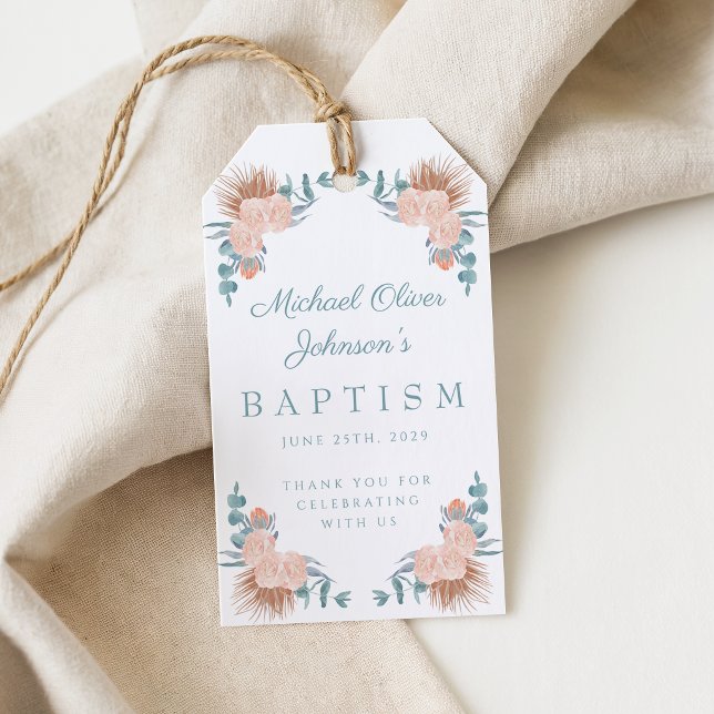 Elegant blomsterpojke foto dop presentetikett (Elegant Floral Boy Photo Baptism Gift Tags)