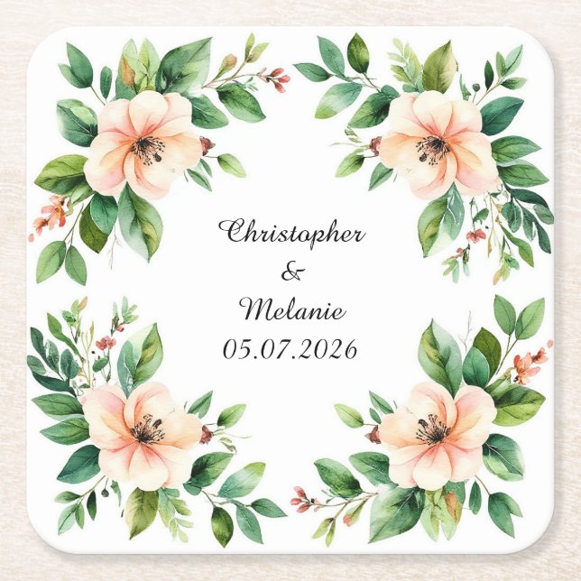 Elegant blomsterram i akvarell  underlägg papper kvadrat (Framsidan)