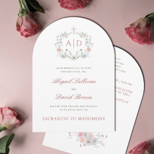 Elegant blomsterram Monogram katolsk bröllop Inbjudningar