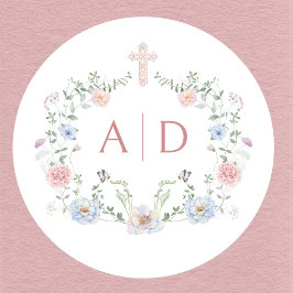 Elegant blomsterram Religiösa bröllopsmonogram Runt Klistermärke