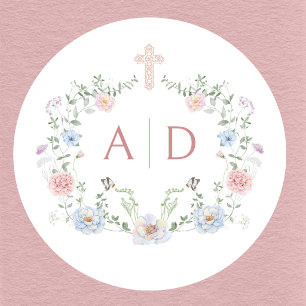 Elegant blomsterram Religiösa bröllopsmonogram Runt Klistermärke