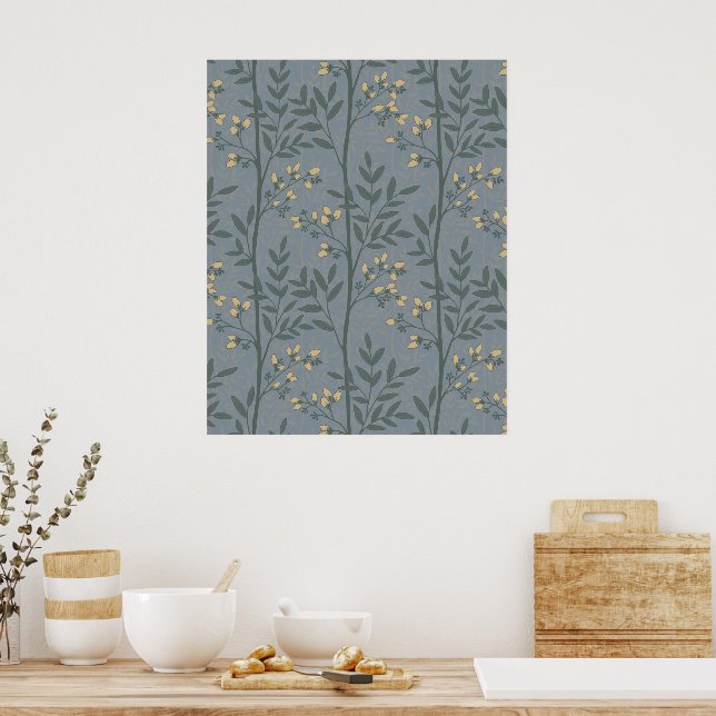 Elegant blomsterrandigt blått botaniskt konstverk poster (Kök)
