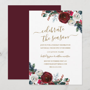 Elegant blomsterrik burgunderfärgad julfest inbjudningar