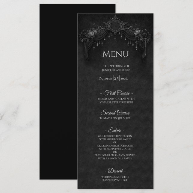 Elegant blomsterrik gotisk Halloween bröllopsmeny Meny (Fram/baksida)