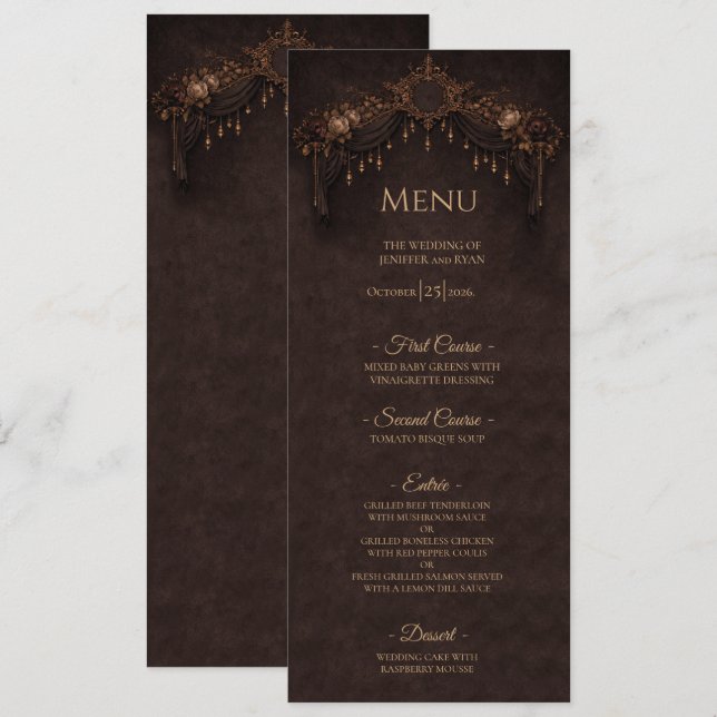 Elegant blomsterrik gotisk Halloween bröllopsmeny Meny (Fram/baksida)