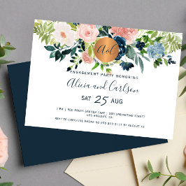 Elegant blomsterrik navyblå monogram bröllopsfest inbjudningar