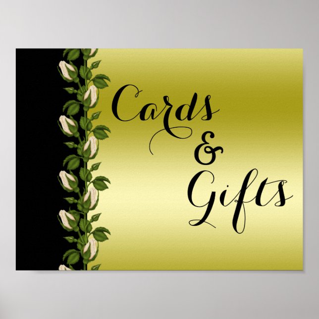Elegant blomsterromantisk guld- och svart bröllops poster (Framsidan)