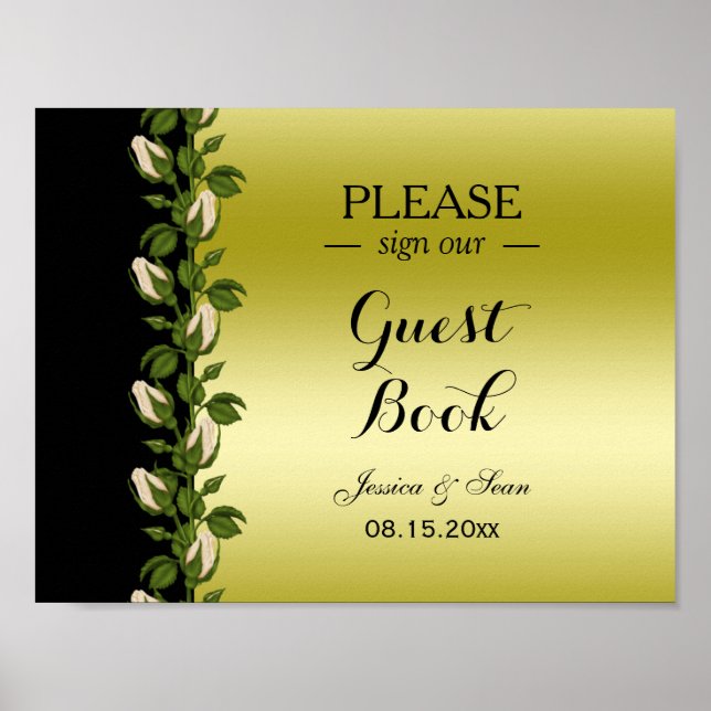Elegant blomsterromantisk guld- och svart bröllops poster (Framsidan)
