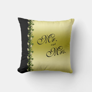 Elegant blomsterromantisk guld & svart Mr & Mrs Kudde