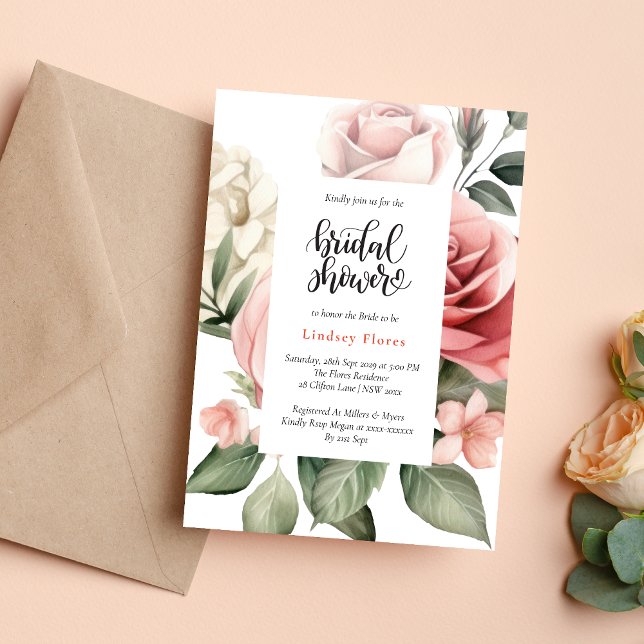 Elegant blomsterros Grönska Bröllopsdusch Inbjudningar (Elegant floral rose greenery invitation creates a fresh, romantic bridal shower tone)