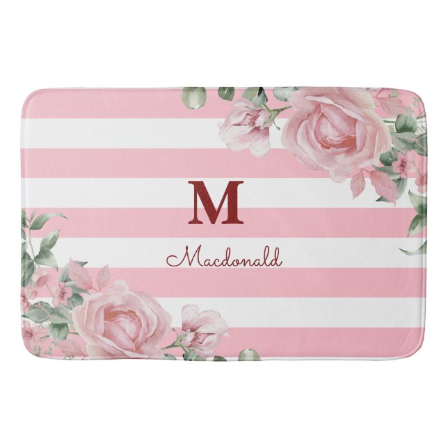 Elegant blomsterros randig monogram badrumsmatta (Framsidan)
