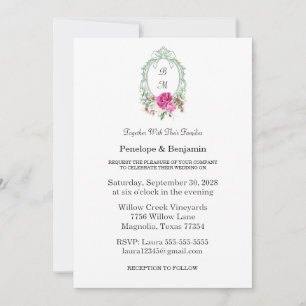 Elegant blomsterrosa peony-monogrambröllop inbjudningar