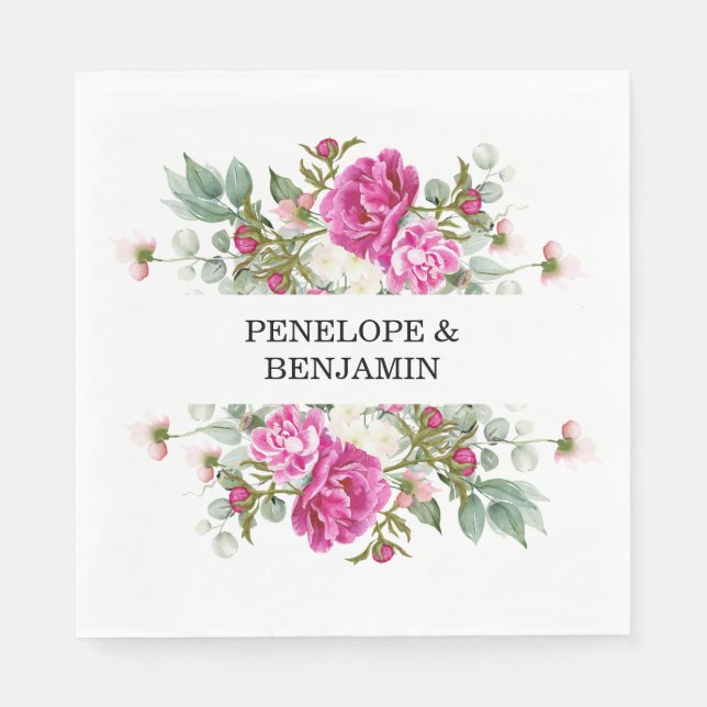 Elegant blomsterrosa pion Monogram bröllop Pappersservett (Framsidan)