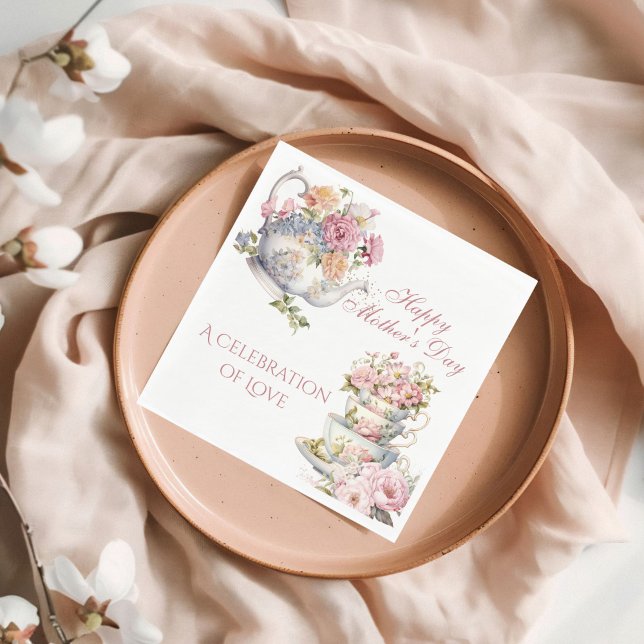 Elegant blomstertepartaj Glad mors dag Pappersservett (Elegant Floral Tea Party Happy Mother's Day Napkin)