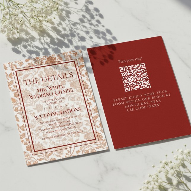 Elegant blomstertoile QR-kod Bröllopsdetaljer Tilläggskort (Formally invite guests to your big day with this Elegant Floral Toile QR Code Wedding Details Card!)