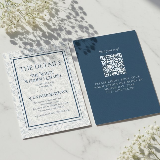 Elegant blomstertoile QR-kod Bröllopsdetaljer Tilläggskort (Formally invite guests to your big day with this Elegant Floral Toile QR Code Wedding Details Card!)