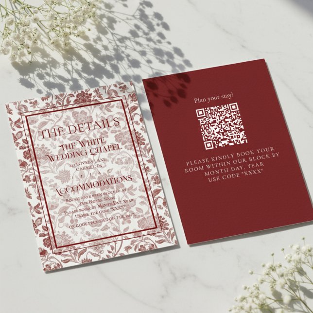 Elegant blomstertoile QR-kod Bröllopsdetaljer Tilläggskort (Formally invite guests to your big day with this Elegant Floral Toile QR Code Wedding Details Card!)
