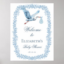 Elegant blomstertoiletryck ram Blå stork välkommen