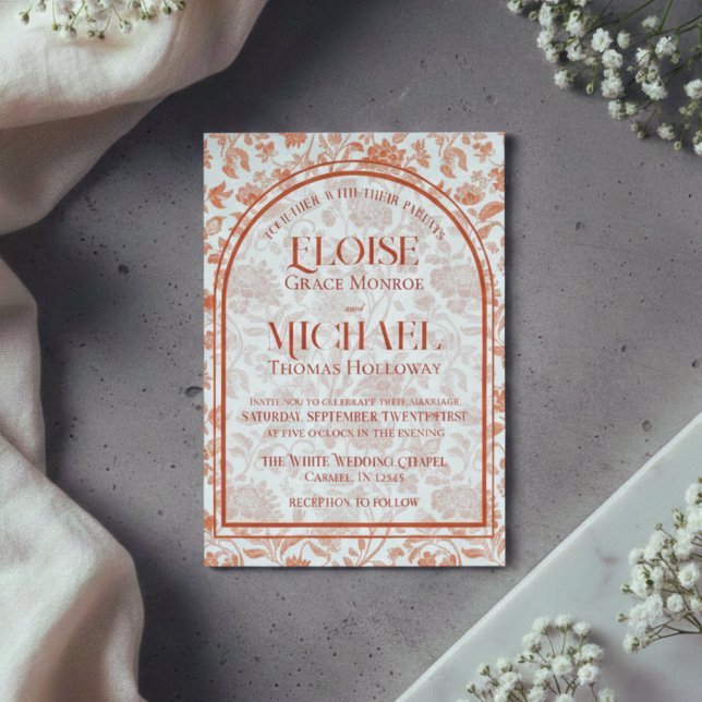 Elegant blomstertoilett Skript Terrakotta Röd Bröl Inbjudningar (Elegant Floral Toile Script Terracotta Red Wedding Invitation)