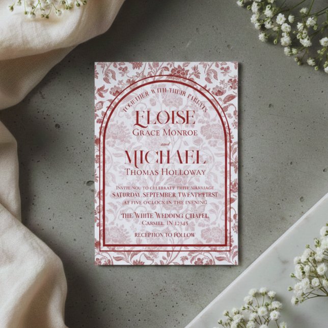 Elegant blomstertoilettmonogram i rött för bröllop inbjudningar (Elegant Floral Toile Script Monogram Red Wedding Invitation)