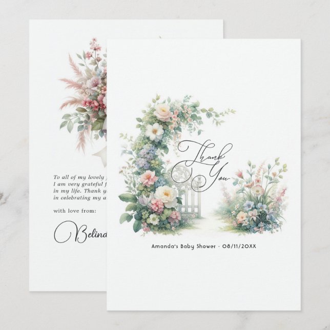 Elegant blomsterträdgårds-babyshower tack kort (Fram/baksida)