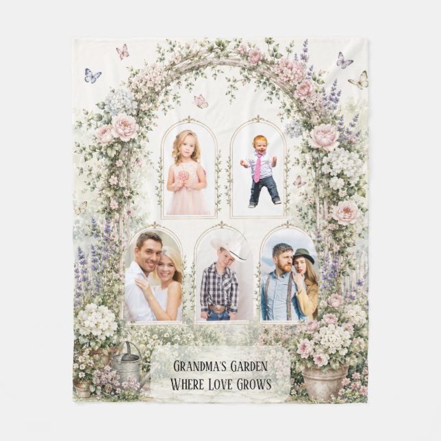 Elegant blomsterträdgårdsbåge Mormor Familjefoto Fleecefilt (Framsidan)