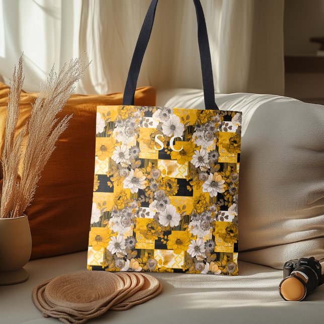Elegant blomstickad patchwork i gult, grått och sv tygkasse (Skapare uppladdad)