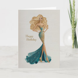 Elegant Blonde in Gold & Teal Gown Glam BDay Kort