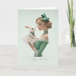Elegant Blonde in Green w/ Pretty Bunny BDay Card Kort