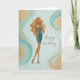 Elegant Blonde in Teal Gold Glam Gown Birthday Kort