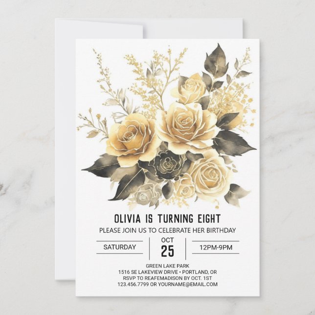 Elegant Bloom Guld och Black Birthday Inbjudningar (Framsida)
