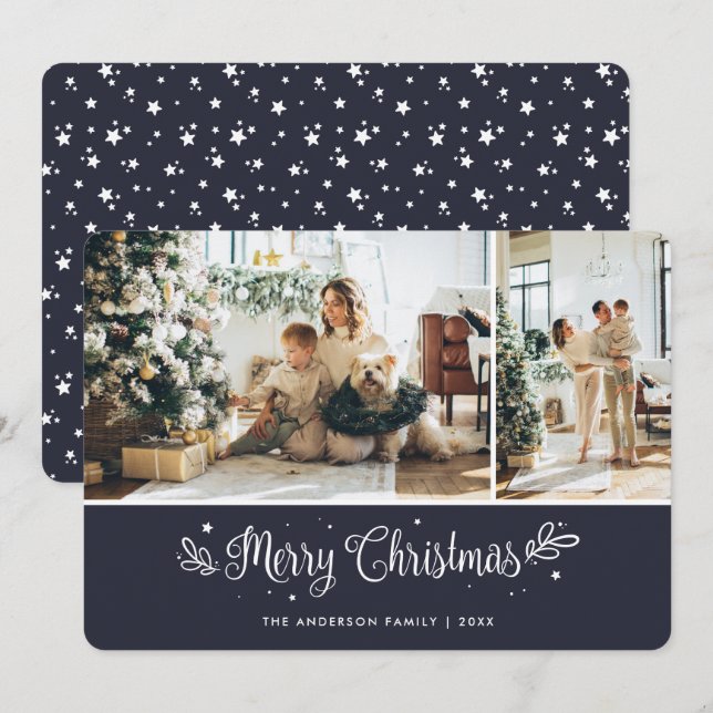 Elegant Blue 2 Photo Modern God jul Card Julkort (Fram/baksida)