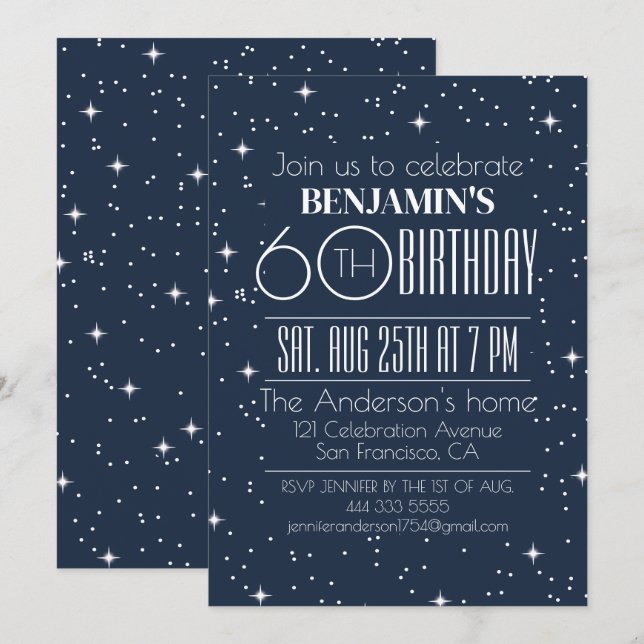 Elegant Blue 60:e födelsedagsinbjudan design Inbjudningar (Fram/baksida)