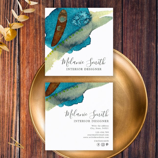 Elegant Blue Abstrakt Watercolor Insida Designer Fyrkantigt Visitkort (Front and Back)