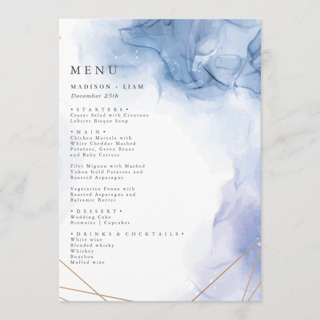 Elegant Blue Agate bröllop Vår Menu Meny (Framsida)