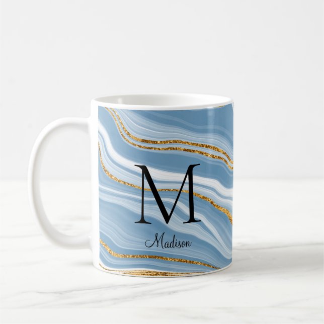 Elegant Blue Agate Monogram Namn Kaffemugg (Vänster)