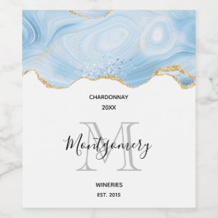 Elegant Blue Agate och Guld Glitter Vin Skapar Vinflaska Etikett