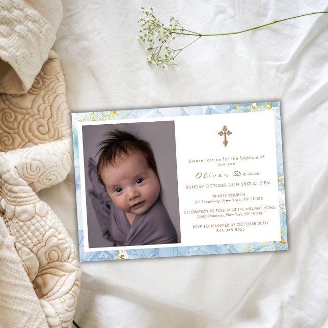 Elegant Blue Agate Photo Guld Kor Boy Baptism Inbjudningar (Elegant Blue Agate Photo Gold Cross Boy Baptism Invitation)
