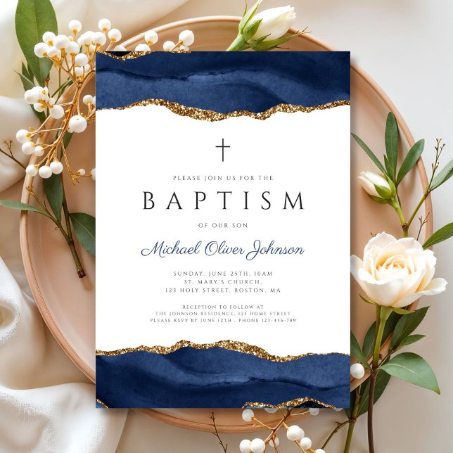 Elegant Blue Agate Religiösa Baby Baptism Inbjudningar (Elegant Blue Agate Religious Baby Baptism Invitation)