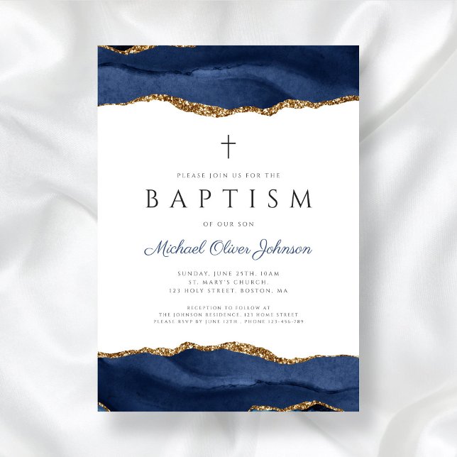 Elegant Blue Agate Religiösa Baby Baptism Inbjudningar (Elegant Blue Agate Religious Baby Baptism Invitation)