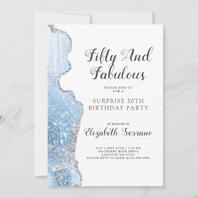 Elegant Blue Agate Surprise 50:e födelsedagen Inbjudningar (Framsida)