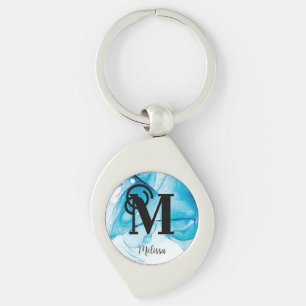 Elegant Blue Alcohol Bläck Monogram Swirl Silverfärgad Nyckelring