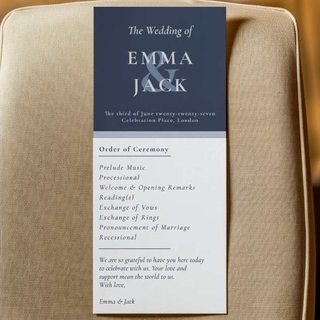 Elegant blue ampersand namn bröllopsprogram card program (Elegant blue ampersand names wedding program card.)