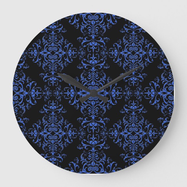 Elegant Blue and Black Blommigt Damask Stil Mönste Stor Klocka (Framsida)
